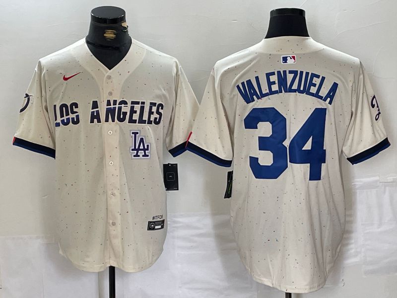 Men Los Angeles Dodgers #34 Valenzuela Cream Fashion Nike Game MLB Jersey style 5